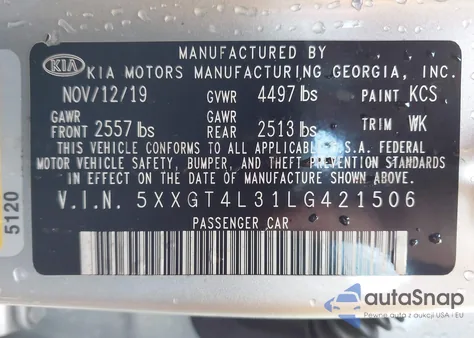 2020 Kia Optima Lx из США, поврежденный, VIN 5XXGT4L31LG421506